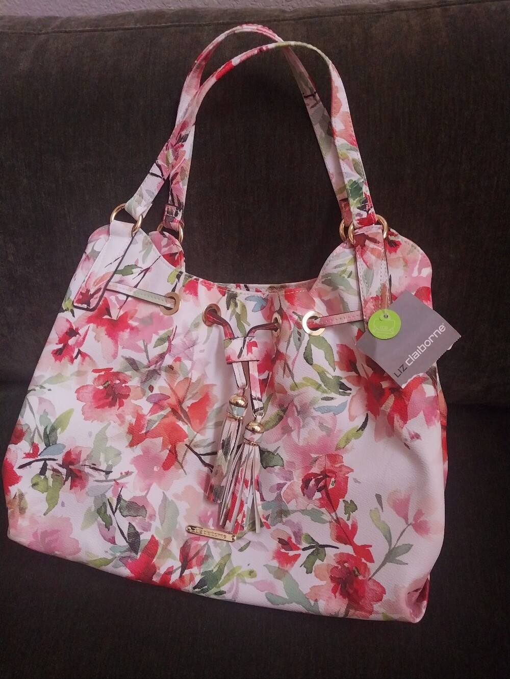 Liz Claiborne Pink & Green Floral Drawstring Tote